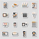 Smart House and internet of things two color sticker Icons Set with smartphone, tablet, security camera, router light bulb and smart tv. vector illustration