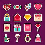 Love Valentine Day Stickers. Vector Illustration. Collection of Happy Holiday Symbols.