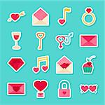 Love Valentines Day Stickers. Vector Illustration. Collection of Happy Holiday Symbols.