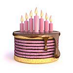 Birthday cake with seven candles. 3D render illustration isolated on white background