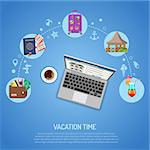 Vacation Concept and Tourism Infographics with Flat Icons Planning, Booking, Tickets, bungalow and laptop. vector illustration