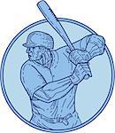 Mono line style illustration of an american baseball player batter hitter holding bat batting viewed from the side set inside circle on isolated background.