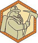 Mono line style illustration of a fireman fire fighter emergency worker holding a fire axe viewed from the side set inside shield crest on isolated background.