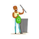 Man Throwing Waste In Recycling Bag , Contributing Into Environment Preservation By Using Eco-Friendly Ways Illustration. Part Of People And Ecology Series Of Vector Cartoon Drawings.