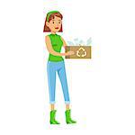 Woman Carrying A Crate WIth Recyclable Plastic Waste , Contributing Into Environment Preservation By Using Eco-Friendly Ways Illustration. Part Of People And Ecology Series Of Vector Cartoon Drawings.