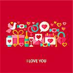 I Love You Greetings Concept. Flat Design Vector Illustration. Happy Valentine Day Holiday Poster.