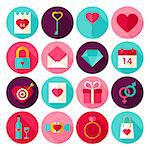 Valentine Day Love Flat Icons. Vector Illustration. Happy Holiday. Collection of Circle Items with Long Shadow.