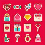 Valentine Day Love Stickers. Vector Illustration. Collection of Happy Holiday Symbols.