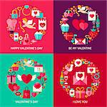 Valentines Day Concepts Set. Four Flat Poster Design Vector Illustration. Collection of Love Holiday Objects.