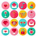 Valentines Day Flat Icons. Vector Illustration. Love Holiday. Collection of Circle Items with Long Shadow.