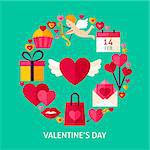 Valentines Day Greeting Card. Flat Poster Design Vector Illustration. Collection of Love Holiday Objects.