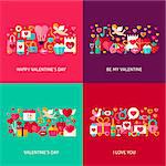 Valentines Day Greeting Set. Flat Design Vector Illustration. Collection of Love Holiday Posters.