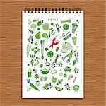 Green vegetable set, detox. Sketch for your design. Vector illustration