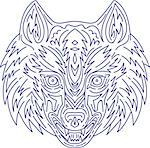 Mono line style illustration of a head of a grey wolf viewed from the front  set on isolated white background.