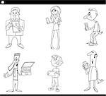 Black and White Cartoon Illustration Set of People with Computers or Tablets and Smart Phones New Technology Electronic Devices
