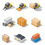 Storage equipment isometric icons set. It includes vehicles, forklifts in various combinations, trailers, shelves, pallets with goods, and warehouse building