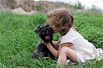 Little girl kissing pet dog on grass field