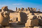 Broken bull column in foreground, Persepolis, UNESCO World Heritage Site, Iran, Middle East