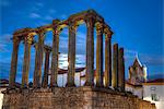 Roman Temple in foreground, Evora Cathdral in the background, Evora, UNESCO World Heritage Site, Portugal, Europe