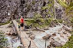 Mother and son walking across bridge, rear view, Höllental, Zugspitze, Garmisch-Partenkirchen, Bavaria, Germany