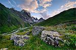 Rural landscape, Ushba Mountain in background, Caucasus, Svaneti, Georgia