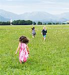 Rear view of children running in field, Fuessen, Bavaria, Germany