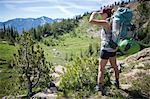 Hiker enjoying view, Enchantments, Alpine Lakes Wilderness, Washington, USA