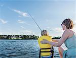 Mother and son wearing life jacket fishing