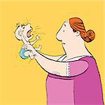 Babysitter and the baby is crying. Vector cartoon illustration of retro style.