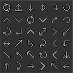 Set of arrows and pointers of various forms of thin lines, isolated on black background, vector illustration.