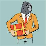 Monkey vector concept. Illustration of African gorilla in human suit. Monkey with gift