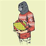 Monkey vector concept. Illustration of African gorilla in human sweatshirt or sweater. Monkey with gift