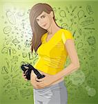 vector pregnant woman with headphones near her tummy, baby listen to the music