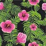 Tropical jungle palm leaves and hibiscus vector pattern background. Exotic nature pattern for fabric, wallpaper or apparel.