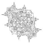 Hand drawn doodle outline city in shape of houses, walls and stairs, design in puzzle style.Vector zen art illustration. abstract ornament. Sketch for tattoo, poster or adult coloring pages