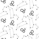 Leo constellation seamless vector pattern. Zodiac symbol black and white background.