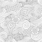 Abstract hand drawn outline asian stylized ornament seamless pattern with flowers and curls isolated on white background. oloring book for adult and older children. Art vector illustration.