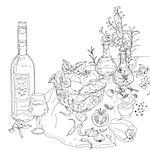 contoured still life of vector italian cuisine elements. Hand drawn. Black and white. Italian food. Vegetables and herbs, olive oil, tomatoes, garlic. Detailed, contoured, zen coloring book style.