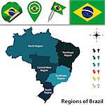 Vector map of Brazil with named regions and travel icons