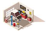 Vector isometric low poly car service center icon. Includes car on lift, automobile service equipment and tools