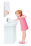 Cute young girl brushing her teeth next to mirror. Cartoon style vector illustration isolated on white background.