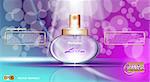 Digital vector purple and blue glass perfume for women container mockup, with your brand, ready for print ads or magazine design. Transparent and shine, realistic 3d style