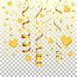 Holiday concept with Gold Streamer, Hearts, Stars and Confetti on transparent background, isolated vector illustration