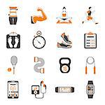 Fitness, Gym, Health two color Icons Set with Yoga, Runner, Scales and Gadgets. Isolated vector illustration