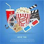 Cinema and Movie time flat icons with film reel, popcorn, paper cup, 3d glasses, clapperboard, isolated vector illustration