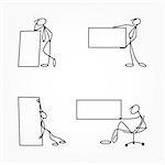 Cartoon icons set of sketch stick business figures vector people in cute miniature scenes.