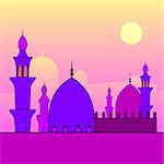 Evening landscape with mosques and sunset. For holy month of muslim community Ramadan Kareem celebration