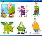 Cartoon Illustrations of Fantasy or Fairy Tale Characters Set