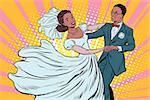 Wedding dance bride and groom. Pop art retro vector illustration. Loving couple man and woman. African American people