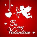 Valentine's day greeting card with paper cupid and hearts on a red background